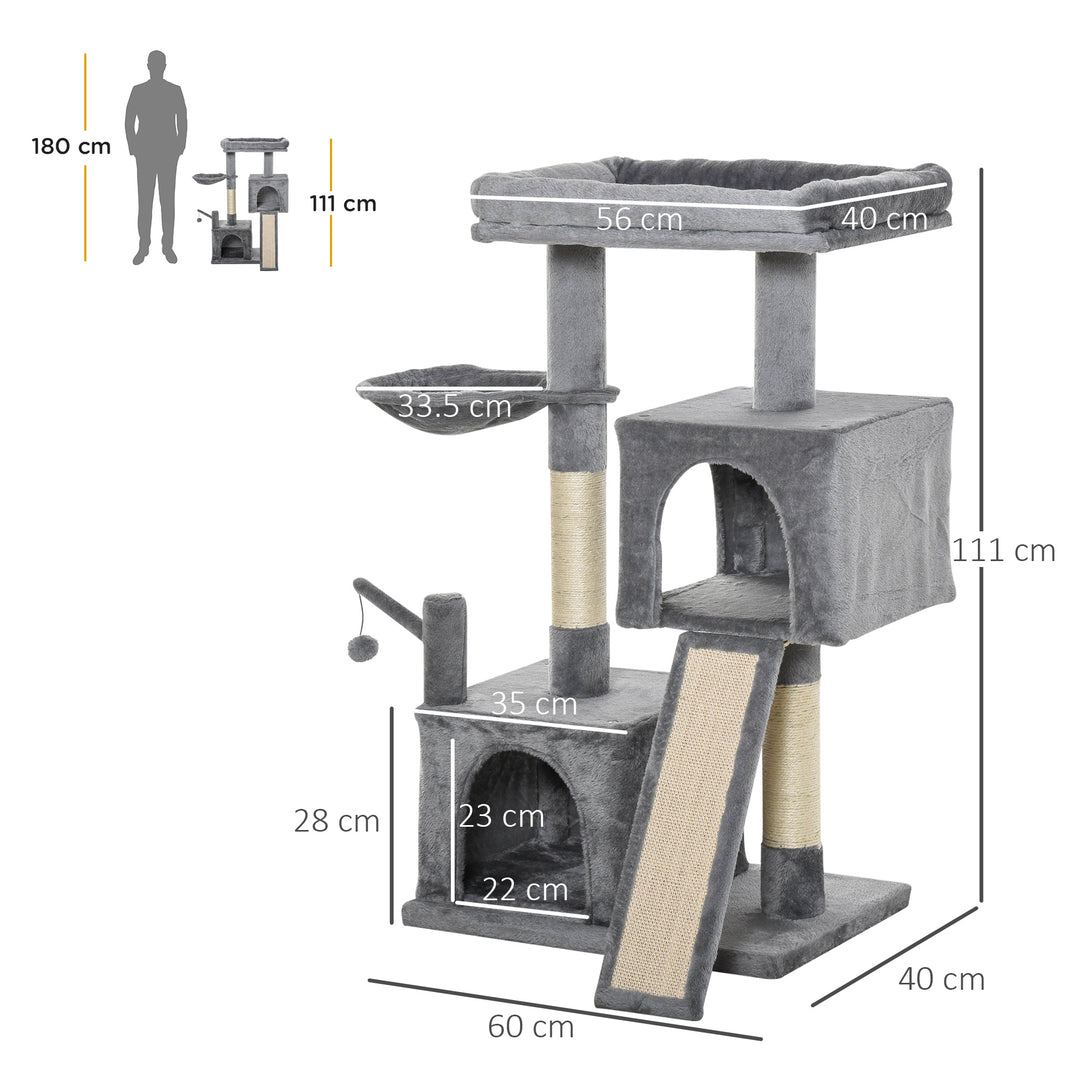 PawHut Cat tree Tower 111cm Climbing Kitten Activity Centre with Sisal Scratching Post Pad Perch Hanging Ball Hammock Condo Toy Grey | Aosom UK