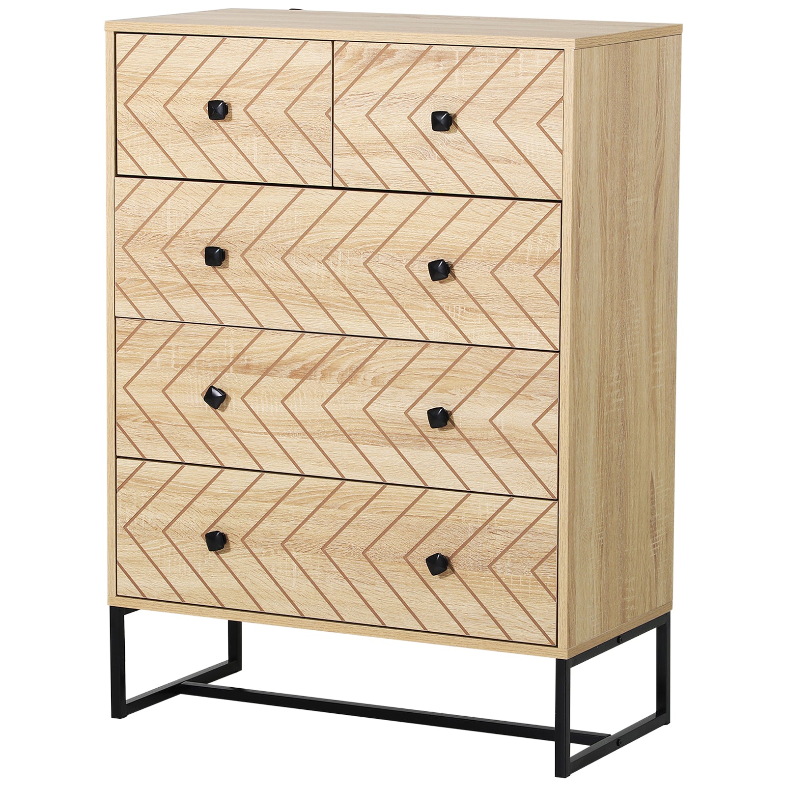 5 Drawer Chest Sideboard Cabinet Storage Unit Bedroom Home Unique Zigzag Design w/ Black Metal Handles Anti Tip & Top
