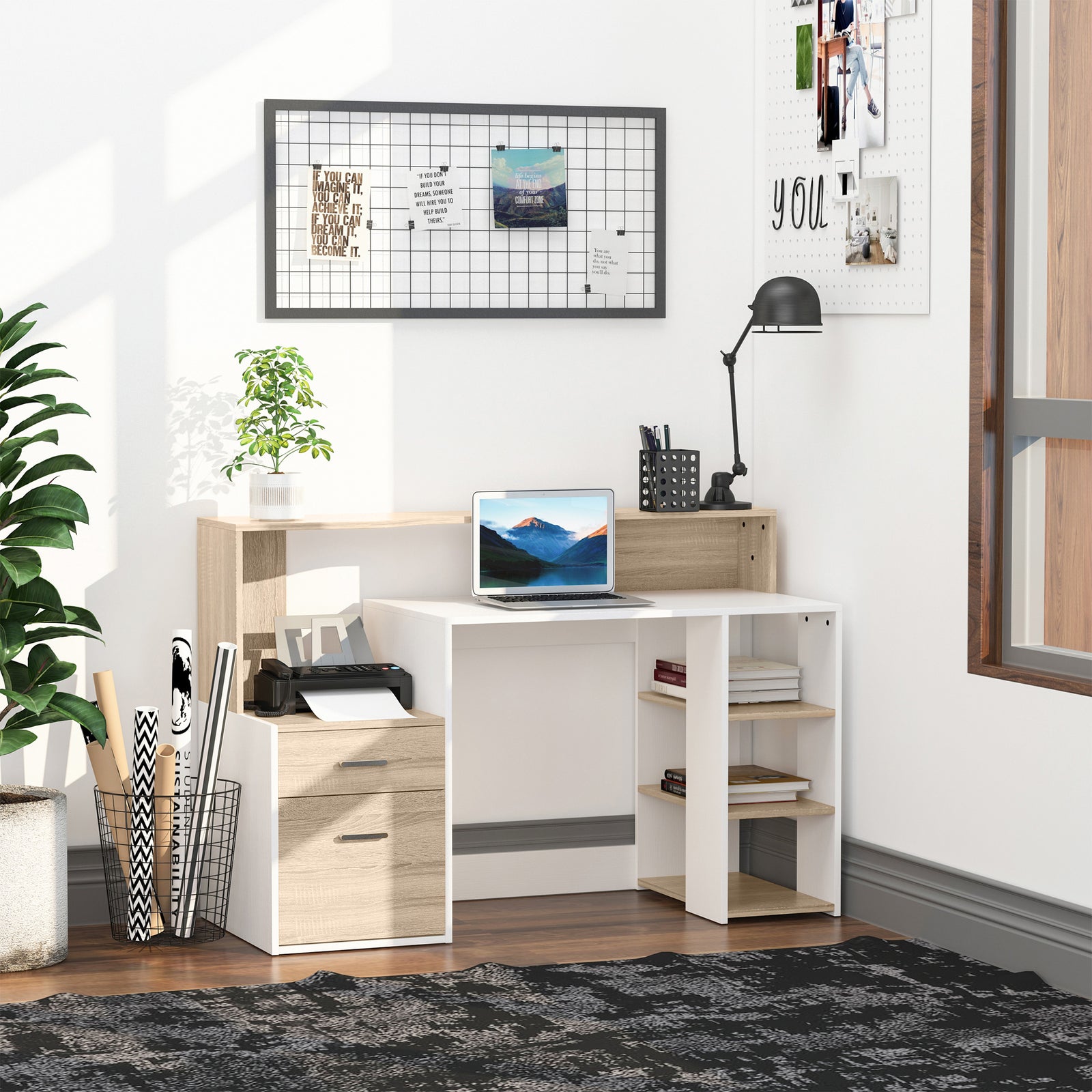 Computer Desk with Drawers and Storage Shelves, Office Desk Writing Table with Printer Stand, Large Workstation for Study Play Work Home Office, 137 x 55 x 92cm, Oak
