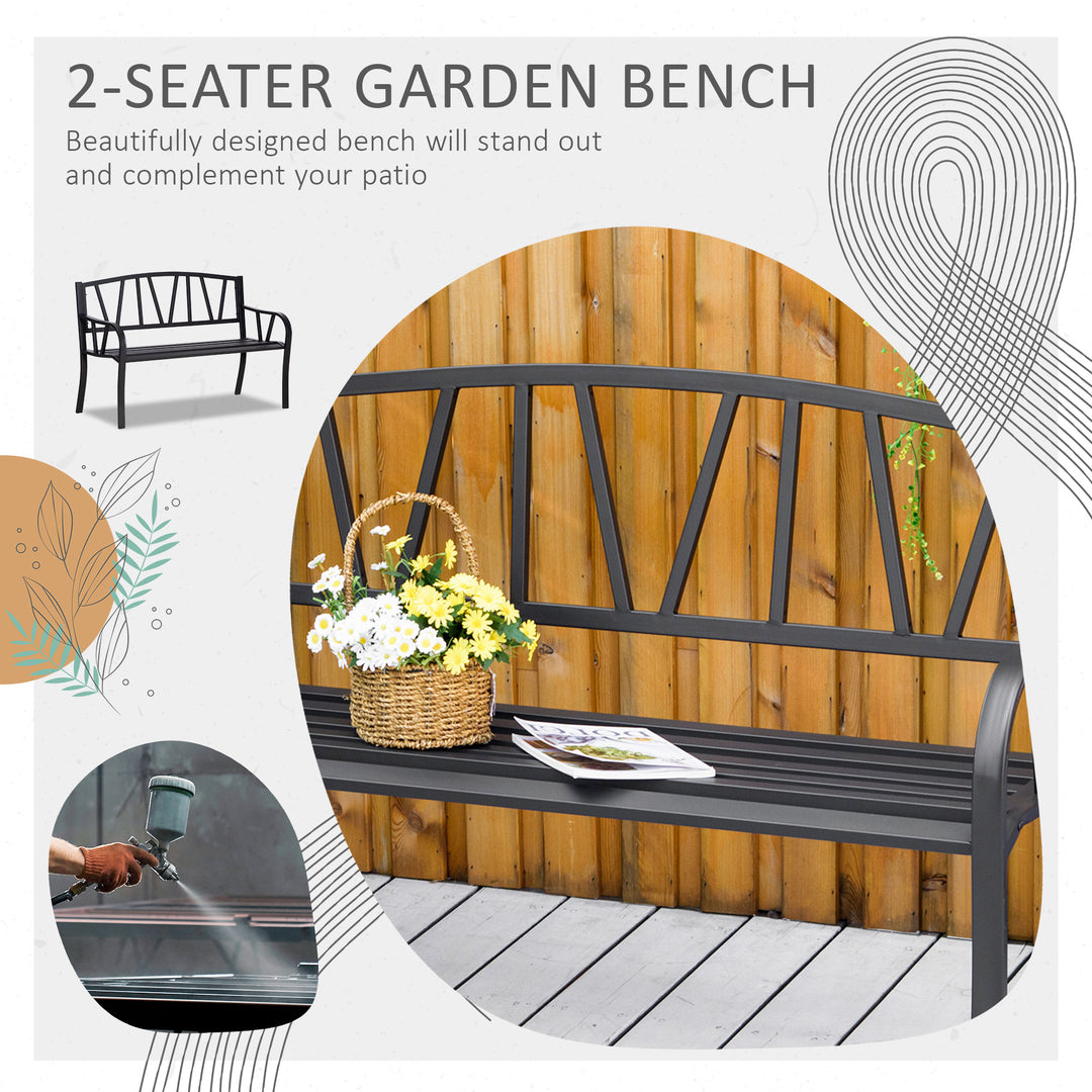 2-Seater Garden Bench Metal Loveseat w/ Decorative Backrest Ergonomic Armrest