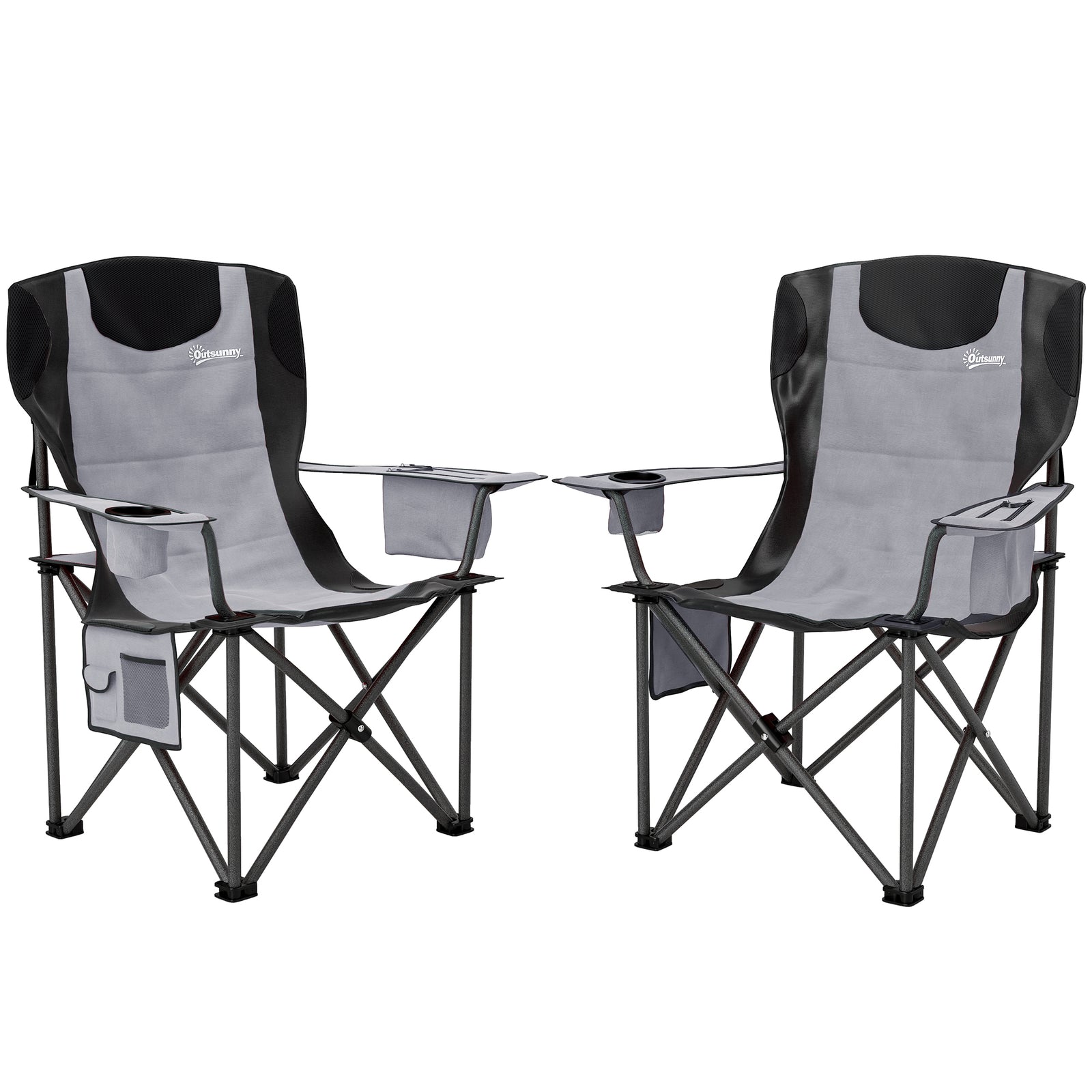 Set of 2 Folding Camping Chairs, Padded Camping Chairs with Adjustable Armrests, Portable & Lightweight Folding Camp Chair with Cooler Bag, Cup Holder and Side Pockets, Grey
