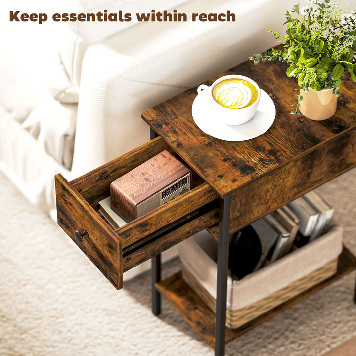 Narrow Side Table with Drawer and Storage Shelf - Rustic Brown