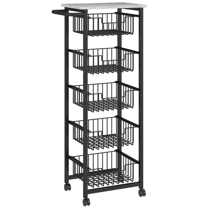 Five Basket Mobile Kitchen Island, with Brakes - Grey/Black