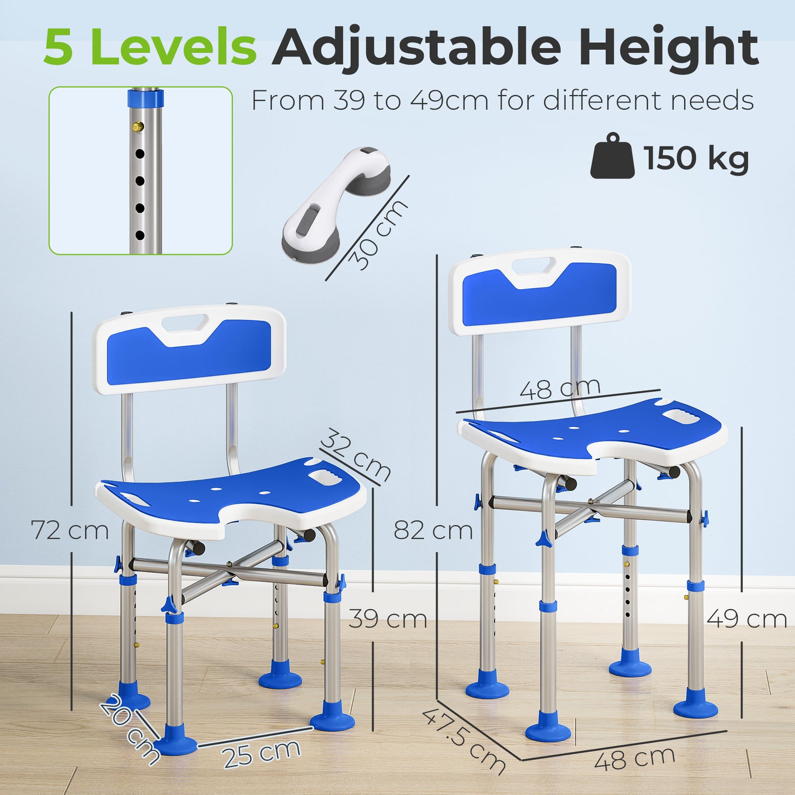 Shower Chair with U-Shaped Cutout, Height Adjustable Bath Bench, Padde
