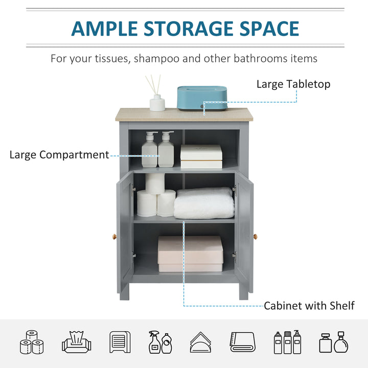 Bathroom Floor Cabinet, Free Standing Cupboard with Double Doors and Adjustable Shelf for Kitchen, Hallway, Living Room, Grey