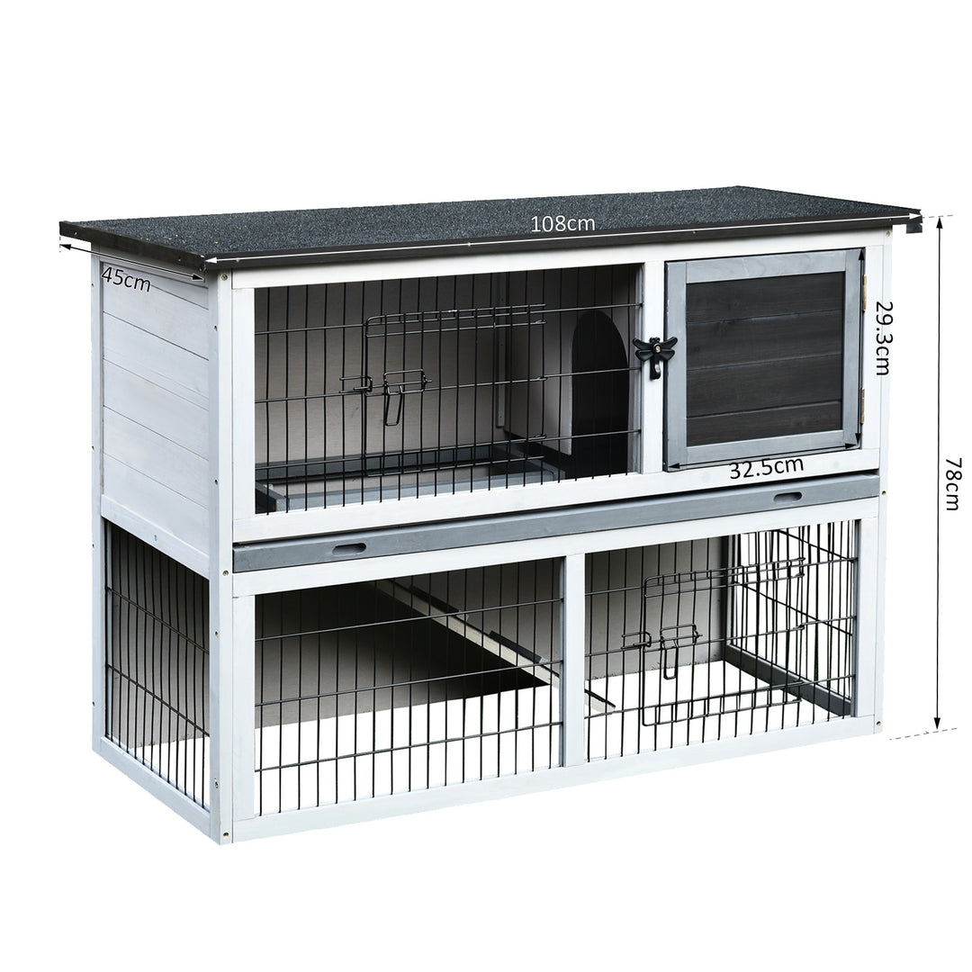 PawHut Small Animal Two-Level Fir Wood Hutch w/ Slide Out Tray Grey