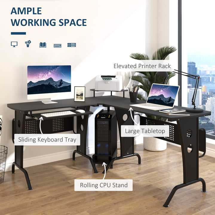 HOMCOM L-Shaped Corner Work Desk Gaming Office w/ Steel Frame CPU Rack Keyboard Tray Space-Saving Melamine Coating Computer, Black | Aosom UK