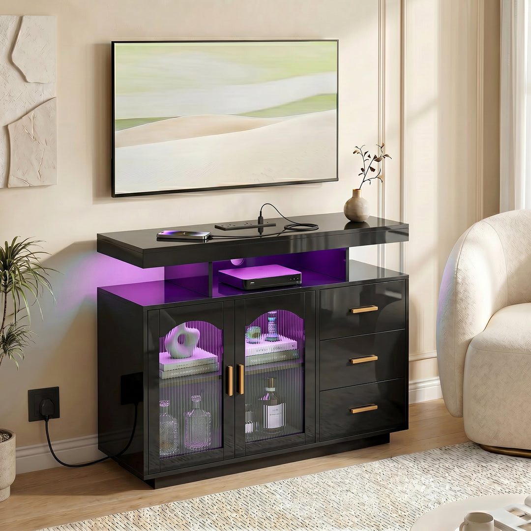 High Gloss Sideboard with LED Lights, Built-in Power Outlets, 3 Drawer