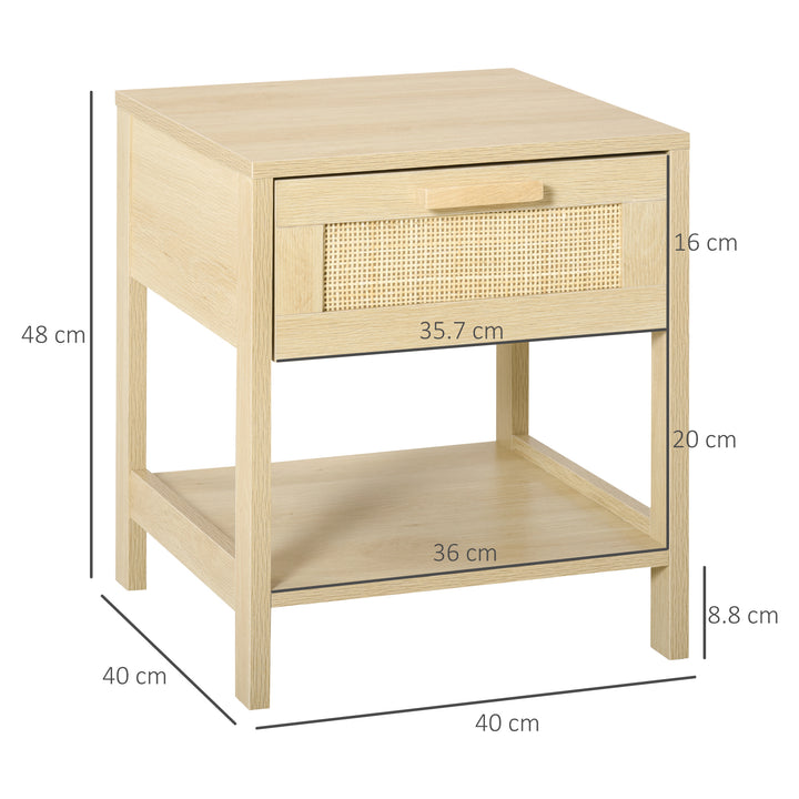 HOMCOM Bedside Table with Rattan Accent Drawer and Lower Shelf, Compact Nightstand for Bedroom or Living Room Storage | Aosom UK