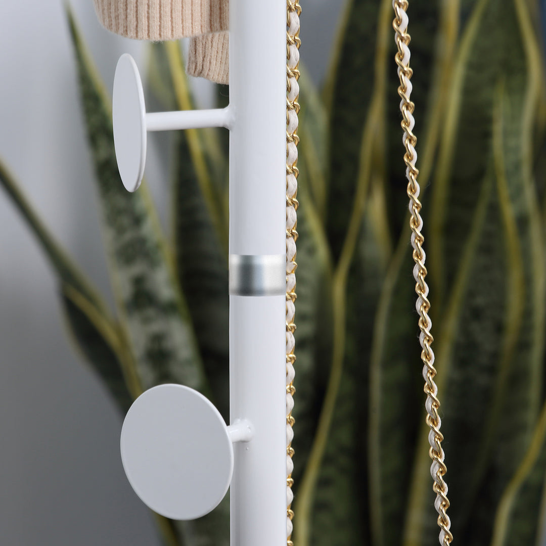 Coat Rack Free Standing Hall Tree with 8 Round Disc Hooks for Clothes, Hats,Purses, Steel Entryway Coat Stand with Marble Base for Entryway, Living Room, Bedroom, White