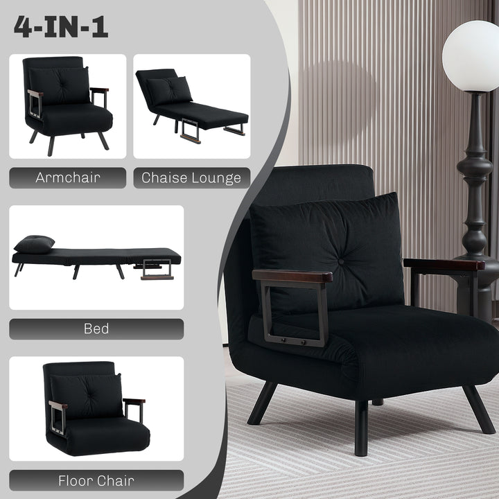 4-in-1 Velvet-Feel Single Chair Bed, with Pillow - Black