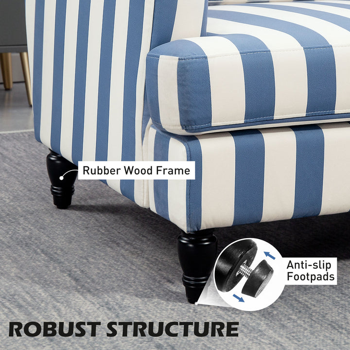 Modern Cuddle Chair, Velvet Single Sofa Armchair with Stripe, Turned Legs and Wide Seat, Upholstered Snuggle Chair for Living Room, Bedroom, Blue and White