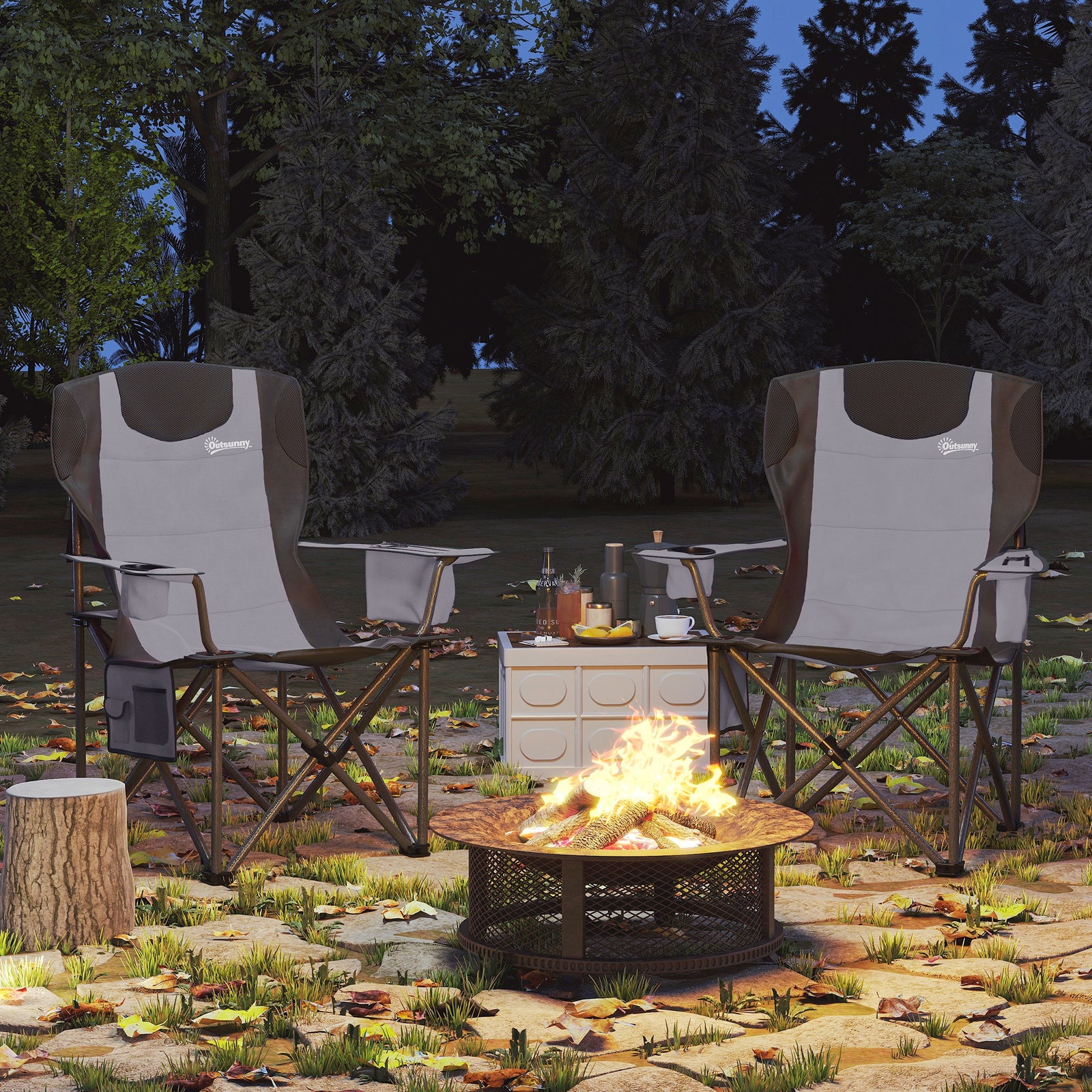 Set of 2 Folding Camping Chairs, Padded Camping Chairs with Adjustable Armrests, Portable & Lightweight Folding Camp Chair with Cooler Bag, Cup Holder and Side Pockets, Grey