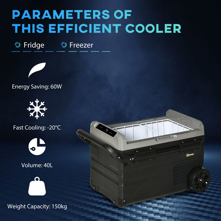 40L Car Refrigerator, Portable Compressor Cooler Box, Fridge Freezer w/ Inner LED Light, Foldable Handles, Cup Holders, 12/24V DC and 110-240V AC for Campervan RV Boat Travel Down to -20℃