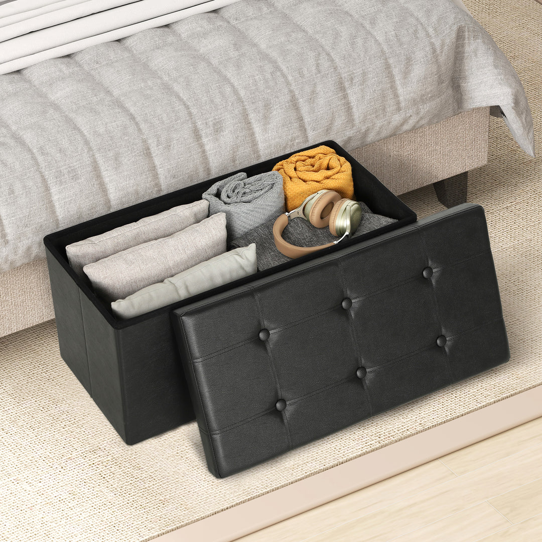 MCL Storage Ottoman Bench, 89L PU Leather Folding Foot Rest Stool, End of Bed Bench, Easy Assembly, for Living Room, Bedroom, Entryway, Black