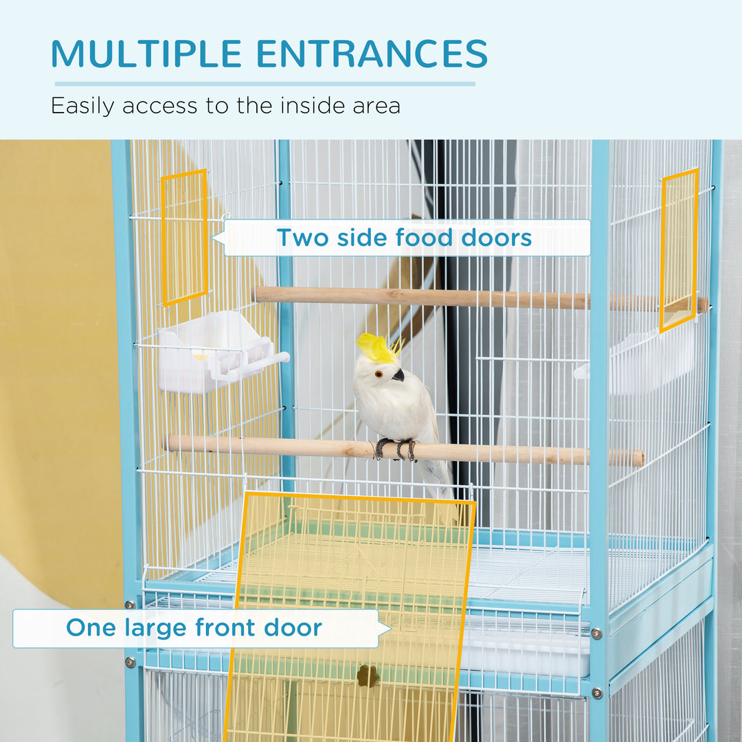 PawHut 2-In-1 Large Bird Cage Aviary, Mobile, Slide-out Trays, Wooden Perch, Feeding Bowls, for Finches Canaries Budgies, Sky Blue | Aosom UK