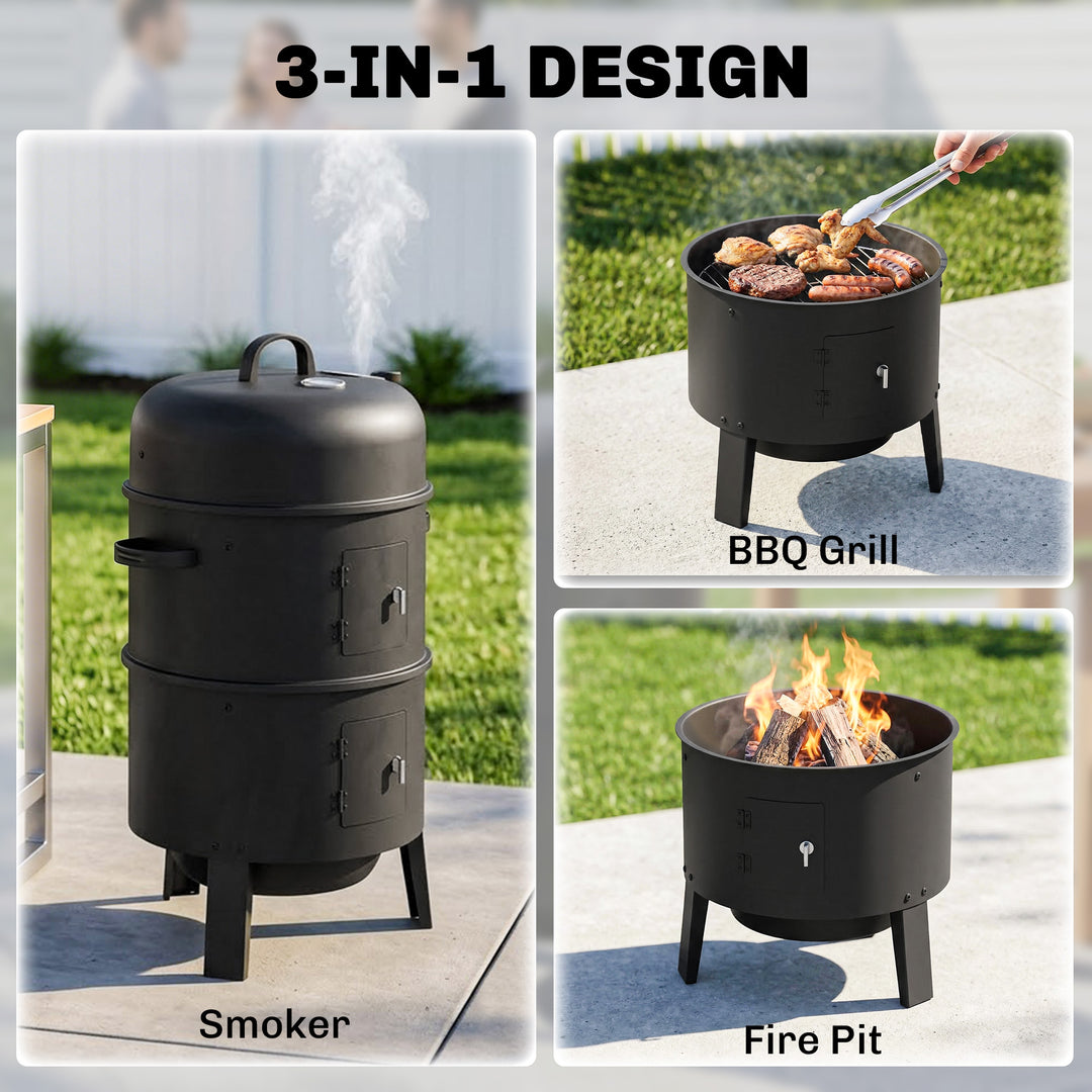 3-in-1 Vertical Charcoal Smoker with 2 Grill Grates, Built-in Thermome