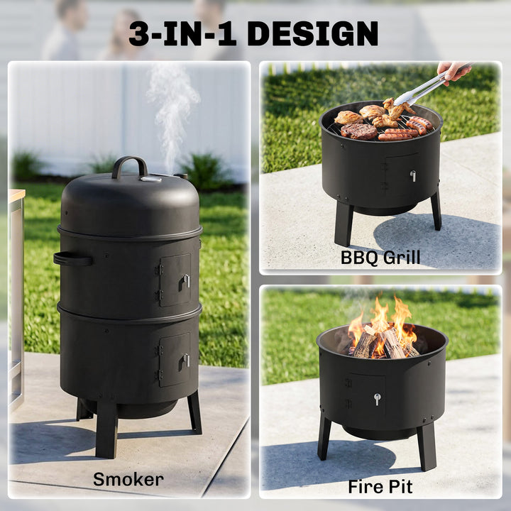 3-in-1 Vertical Charcoal Smoker with 2 Grill Grates, Built-in Thermome