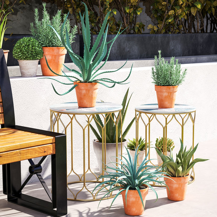 Round Coffee Table Set of 2, Modern Nesting Tables with Ceramic Tile Top, Small End Tables, Indoor Outdoor Side Table with Metal Frame for Living Room, Bedroom, Patio, Balcony, Multicoloured