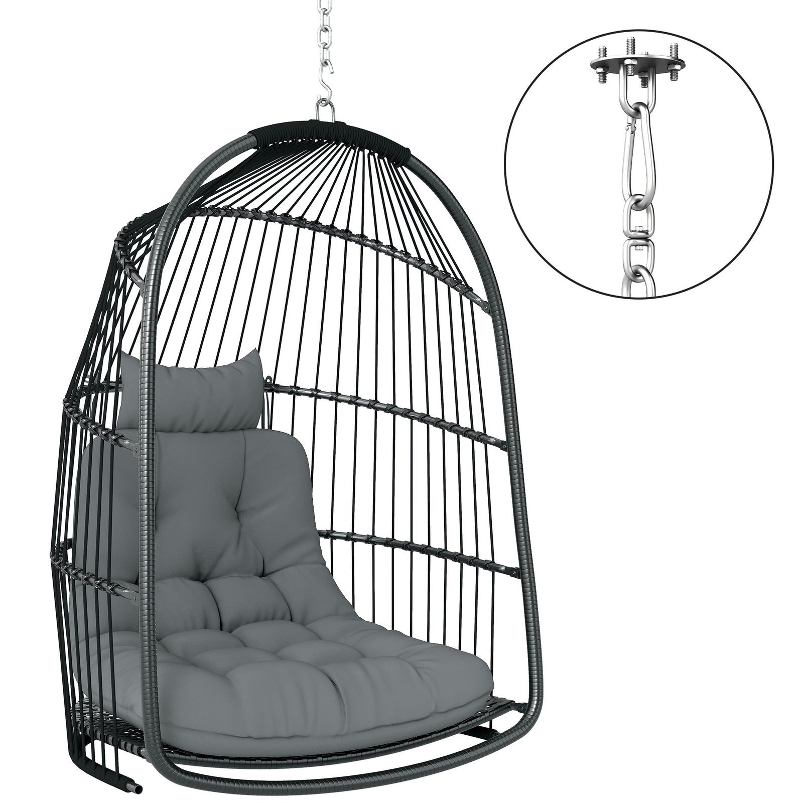 Hanging Egg Chair, Foldable Rattan Garden Swing Chair with Installation Kit, Thickened Cushion and Headrest, Indoor Outdoor Hanging Egg Basket Seat for Patio, Porch, Dark Grey