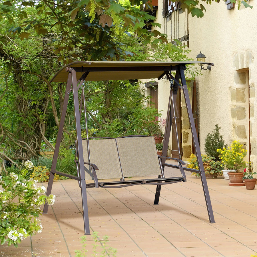 2 Seater Garden Swing Seat Swing Chair, Outdoor Canopy Swing Bench with Adjustable Shade, Metal Frame and Texteline Seat, Brown
