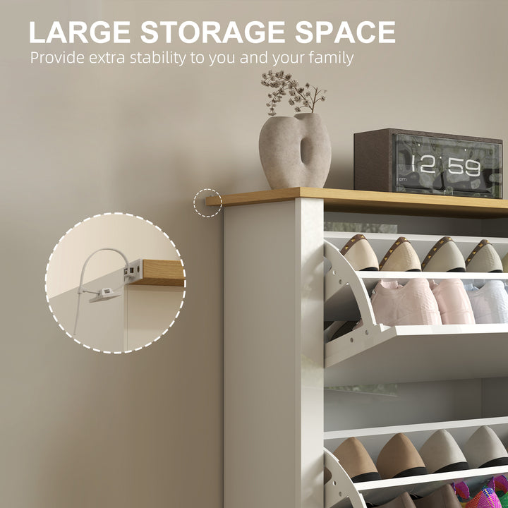 Slim Shoe Cabinet, Narrow Shoe Cupboard with 3 Flip Drawers, Adjustable Shelves for 18 Pairs of Shoes, High Gloss White