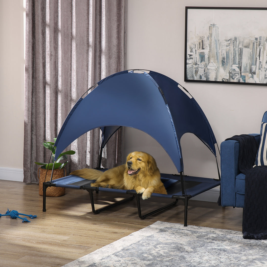 PawHut Elevated Pet Retreat: Waterproof Mesh Cot with UV Canopy for XL Dogs, 122 x 92 x 108 cm, Azure Blue | Aosom UK