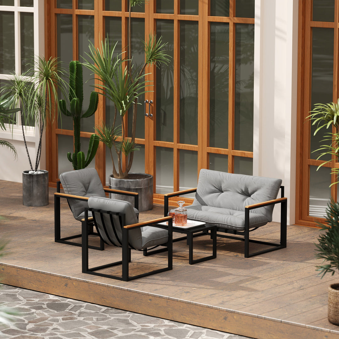 Garden Furniture Set, 4 Piece Indoor Outdoor Conservatory with Loveseat Sofa, Armchairs, Glass Top Coffee Table, Cushions for Balcony, Poolside, Patio, Light Grey