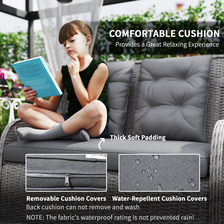 Garden PE Rattan Dining Sofa Set, Outdoor 4 Seater Wicker Furniture, High Back Chairs with Cushions, Tempered Glass Coffee Table for Patio, Light Grey