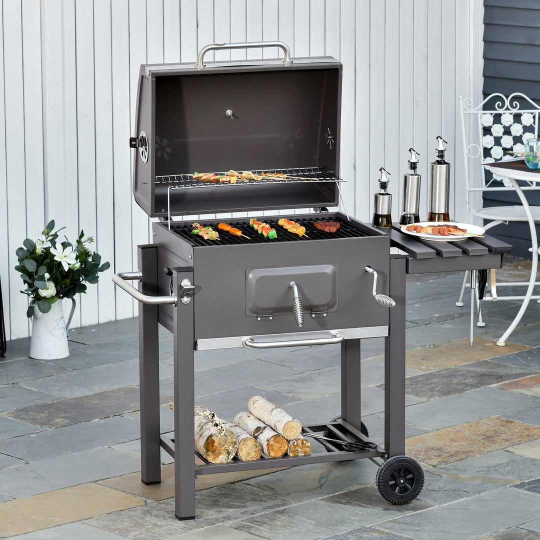 MCL Charcoal Grill BBQ Trolley with Adjustable Charcoal Grate, Garden Metal Smoker Barbecue with Shelf, Side Table, Wheels, Built-in Thermometer, Bottle Opener