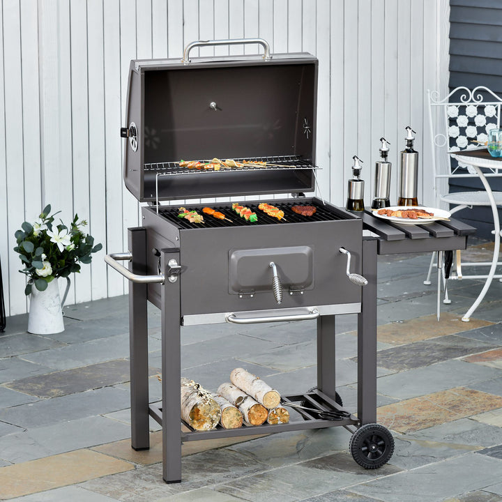 MCL Charcoal Grill BBQ Trolley with Adjustable Charcoal Grate, Garden Metal Smoker Barbecue with Shelf, Side Table, Wheels, Built-in Thermometer, Bottle Opener
