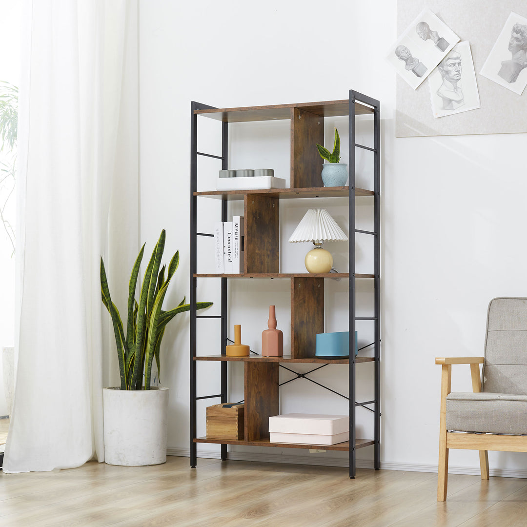 Industrial Storage Unit, 5 Tiers Bookcase with Open Compartments for Office Living Room, Bedroom, Rustic Brown and Black