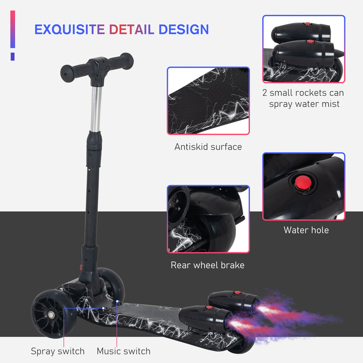 HOMCOM Kids 3 Wheel Scooter Adjustable Height w/ Flashing Wheels Music Water Spray Foldable Design Cool On Off Road Vehicle Black | Aosom UK