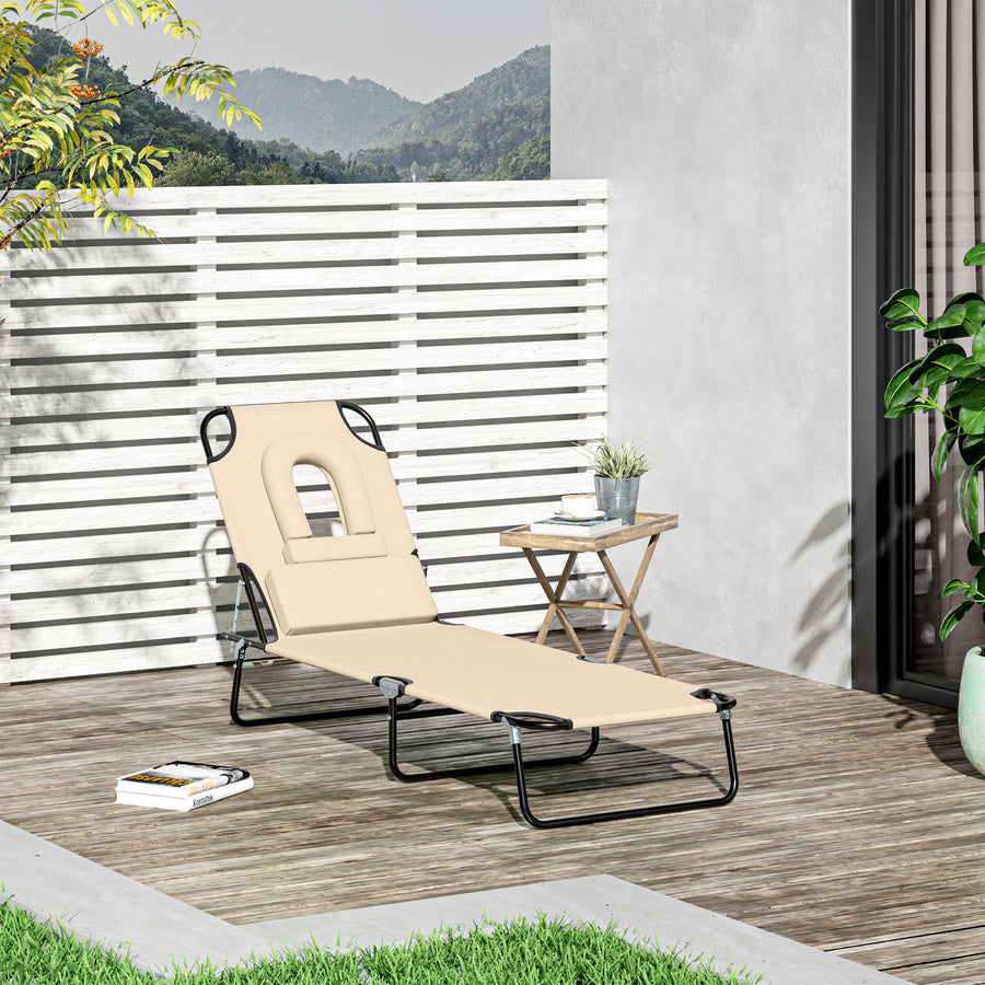 Outdoor Folding Sun Lounger with Face Hole, 4 Level Adjustable Backrest Reclining Garden Lounger, Garden Recliner Sunbed with 600 D Oxford Cloth Seat and Pillow for Beach, Beige