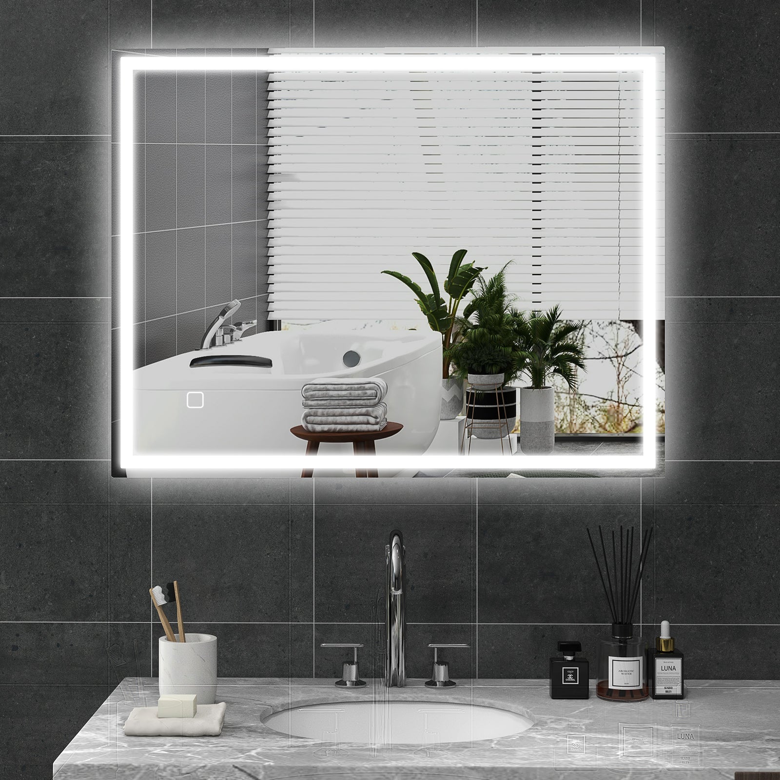 90 x 70cm LED Bathroom Mirror with Lights, Dimmable Makeup Mirror, Vanity Mirror with 3 Colour, Smart Touch, Anti-Fog