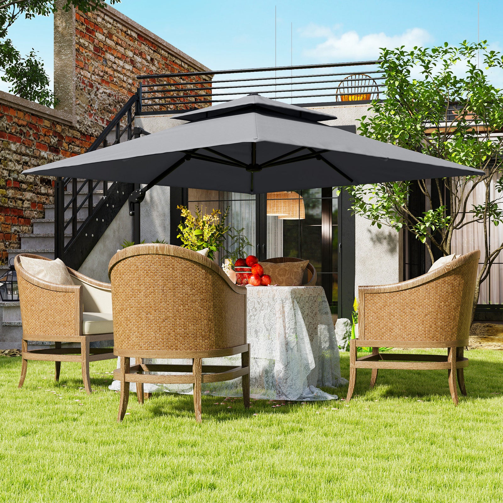 3 x 3(m) Cantilever Parasol with Aluminium Frame, Crank and Tilt, 360-Degree Rotation, Double Top Garden Umbrella with Cover (Only Cross Base), Light Grey