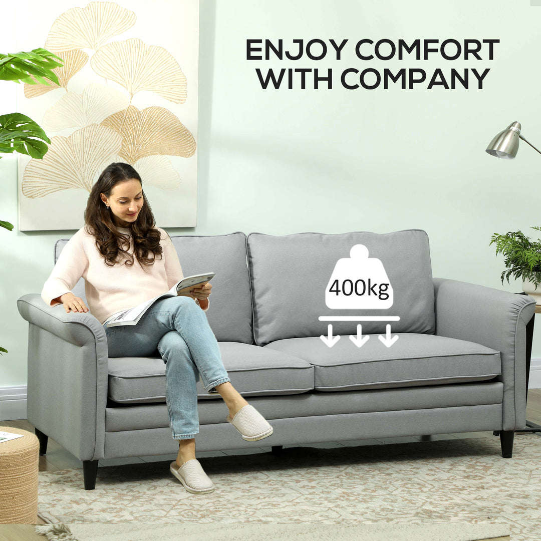 3 Seater Sofa, Modern Fabric Sofa Couch with Spring Cushion, Rubber Wood Legs, 191cm Upholstered Settee for Living Room, Bedroom, Home Office, Guest Room, Grey