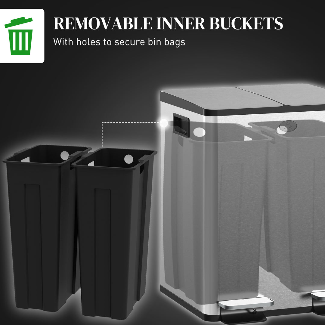 HOMCOM 2 x 20L Pedal Bin, Steel Dual Kitchen Bin with Soft Close Lid, Removable Inner Buckets, Fingerprint-Proof, Silver