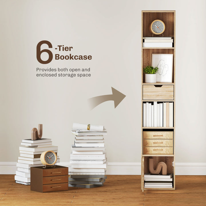 6-Tier Bookcase, Tall Narrow Bookshelf with Drawer and Door - Natural 