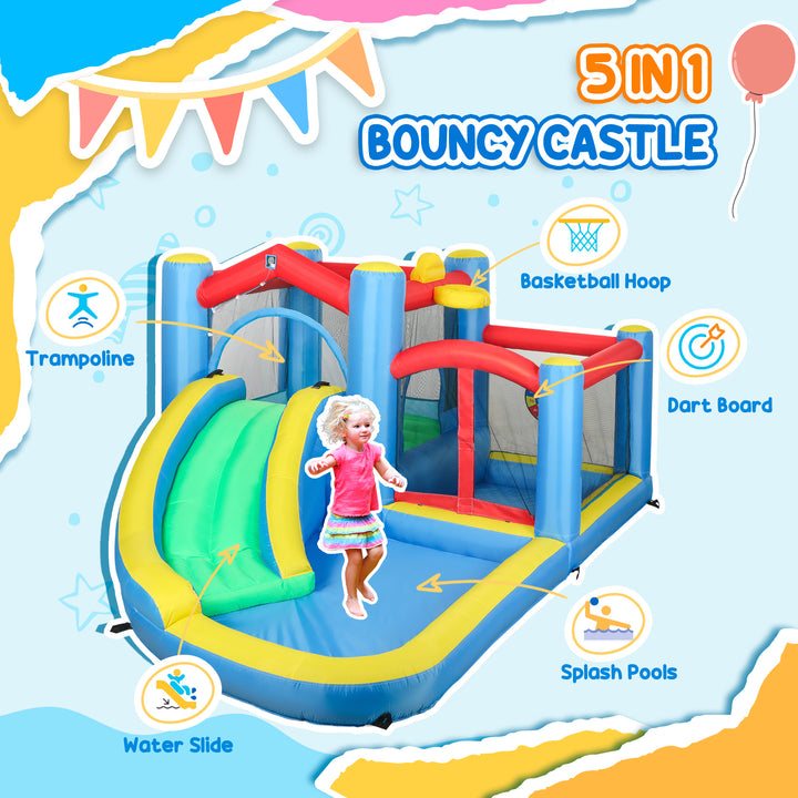 Inflatable Bouncy Castle with 550W Blower, Basketball Hoop, Long Slide