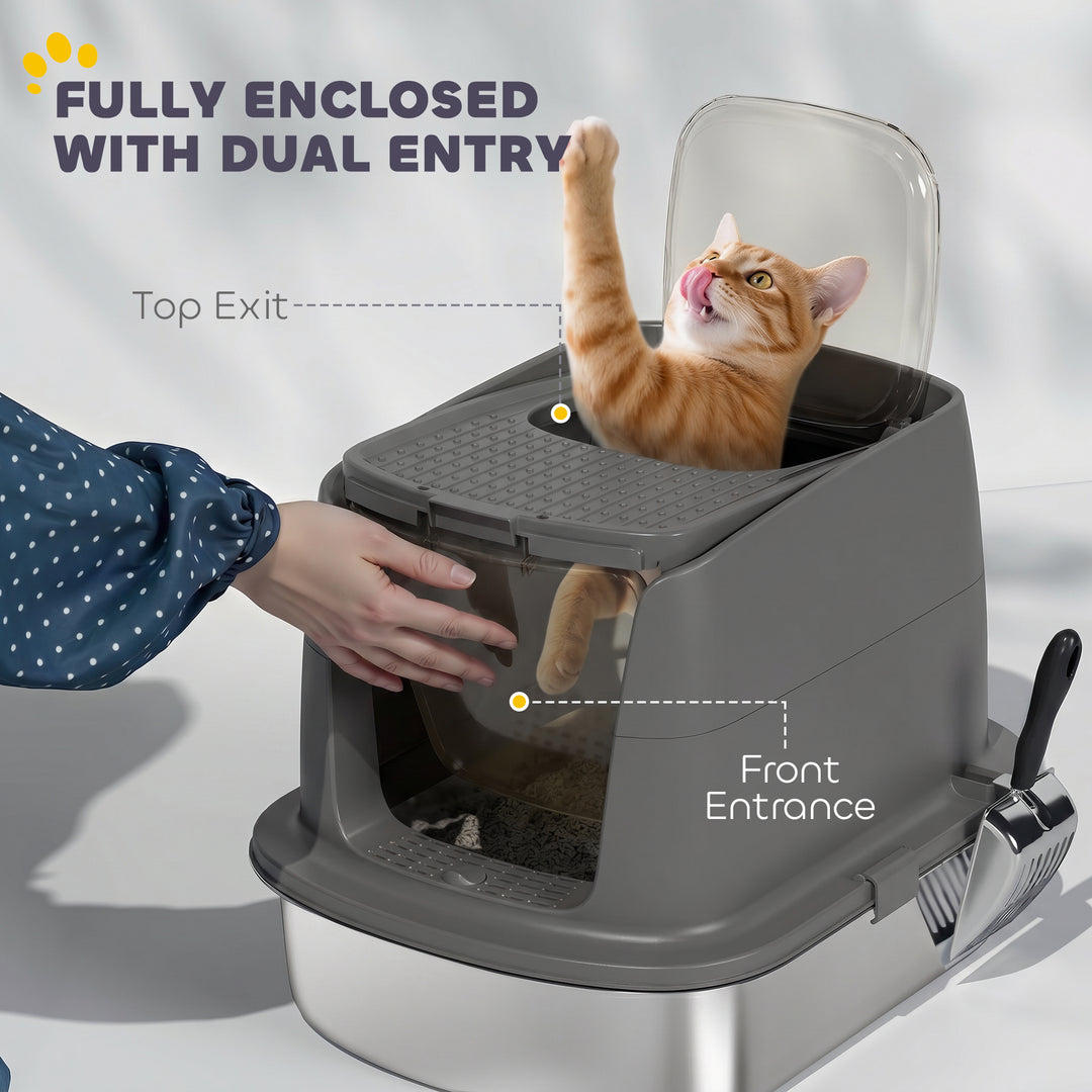 Large Stainless Steel Litter Box, Enclosed Metal Cat Litter Tray with 