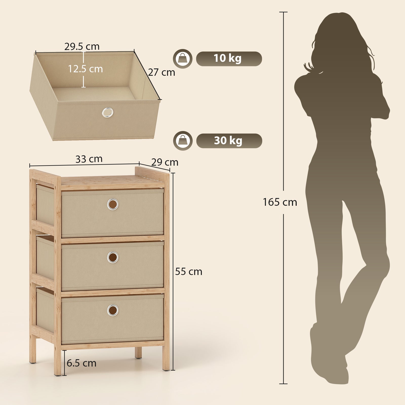 Chest of Drawers, 3 Fabric Drawers Narrow Dresser with Bamboo Frame, C