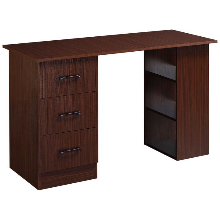 Computer Desk, Writing Table, PC Workstation with 3 Storage Shelves and Drawers, Black Handle, for Home Office, Walnut Brown