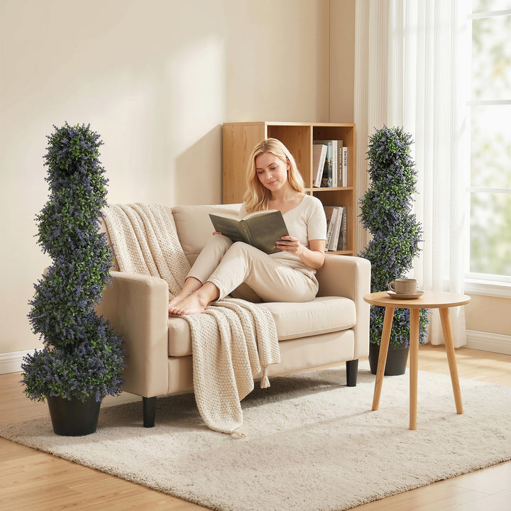 Artificial Lavender Topiary Tree Set of 2, UV Resistant Fake Plants in