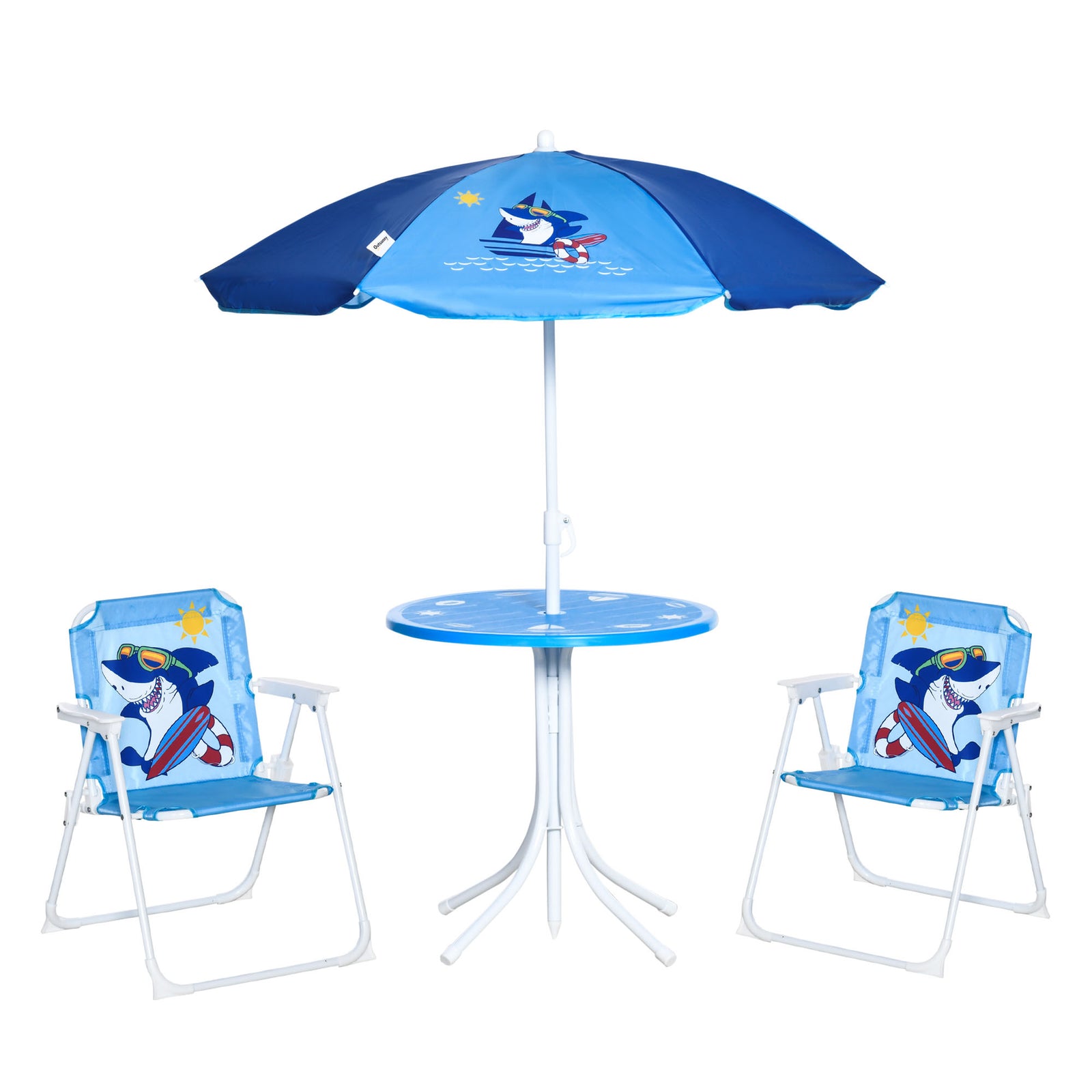 Kids Outdoor Bistro Table and Chair Set, Folding Garden Furniture w/ Shark Design, Removable, Adjustable Sun Umbrella, Ages 3-6 Years - Blue