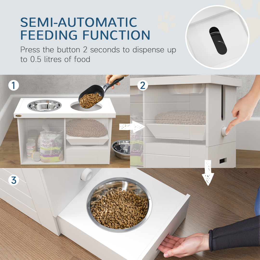 Raised Dog Bowls w/ Slow Feeder Mat, Storage Cabinet, Three Stainless Steel Bowls, Semi Auto Dispenser Function, White