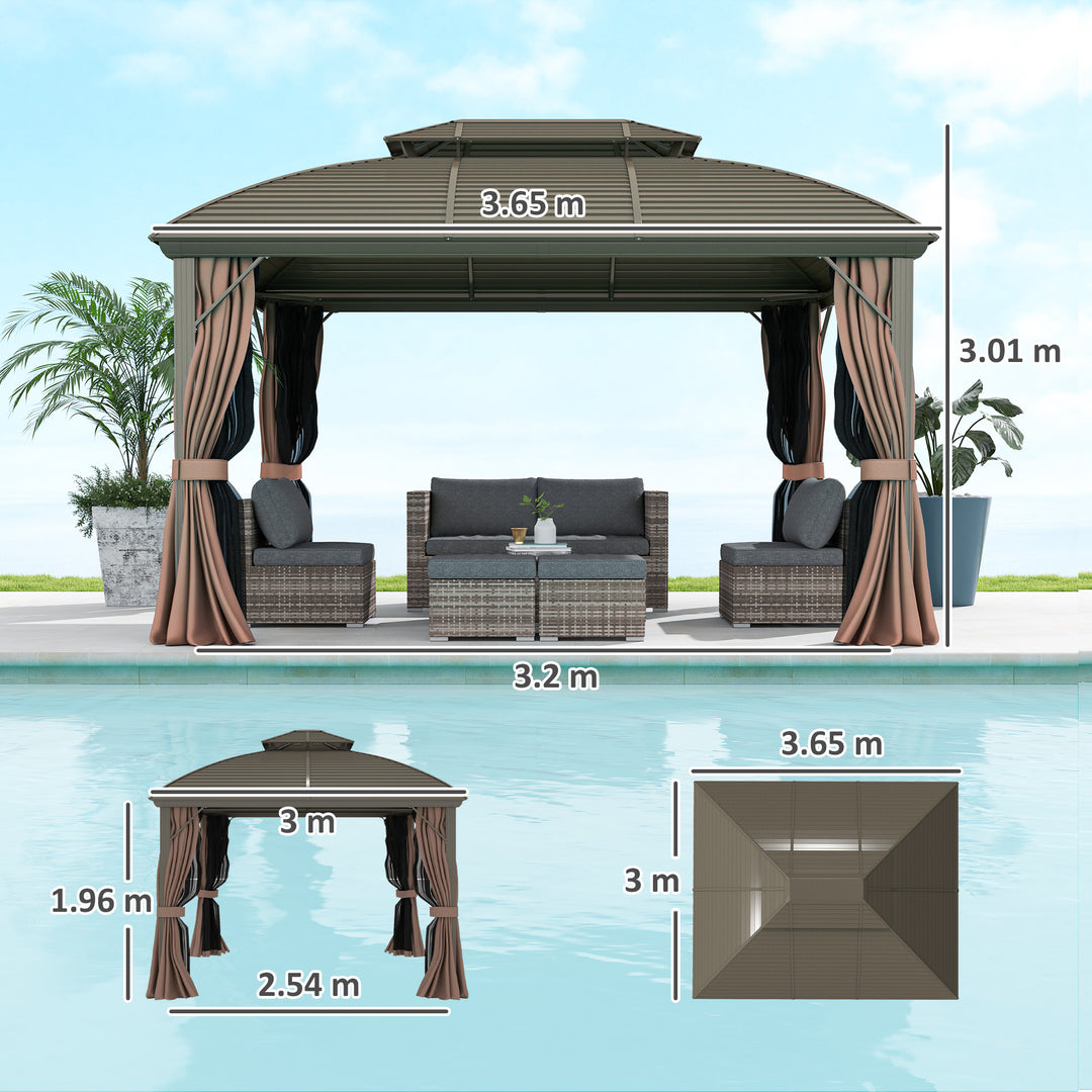 3.65 x 3(m) Hardtop Steel Gazebo Canopy with Aluminium Frame, Double Roof, Net Sidewalls and Curtains, Coffee