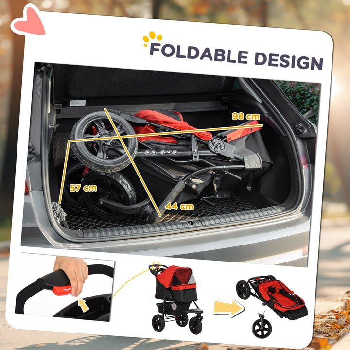 Dog Stroller Foldable Pet Pram, 3 Wheels Dog Pushchair with Brake, for Small Miniature Breeds, Cats, Red
