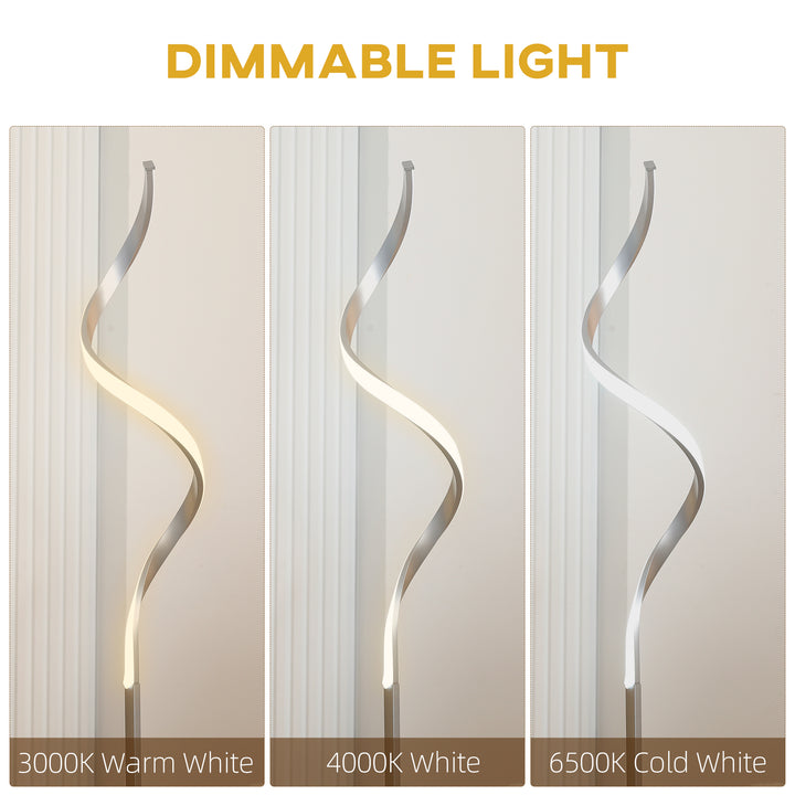 HOMCOM Dimmable Floor Lamp for Living Room, Modern Spiral Standing Lamp with 3 Adjustable Brightness and Square Base, Silver