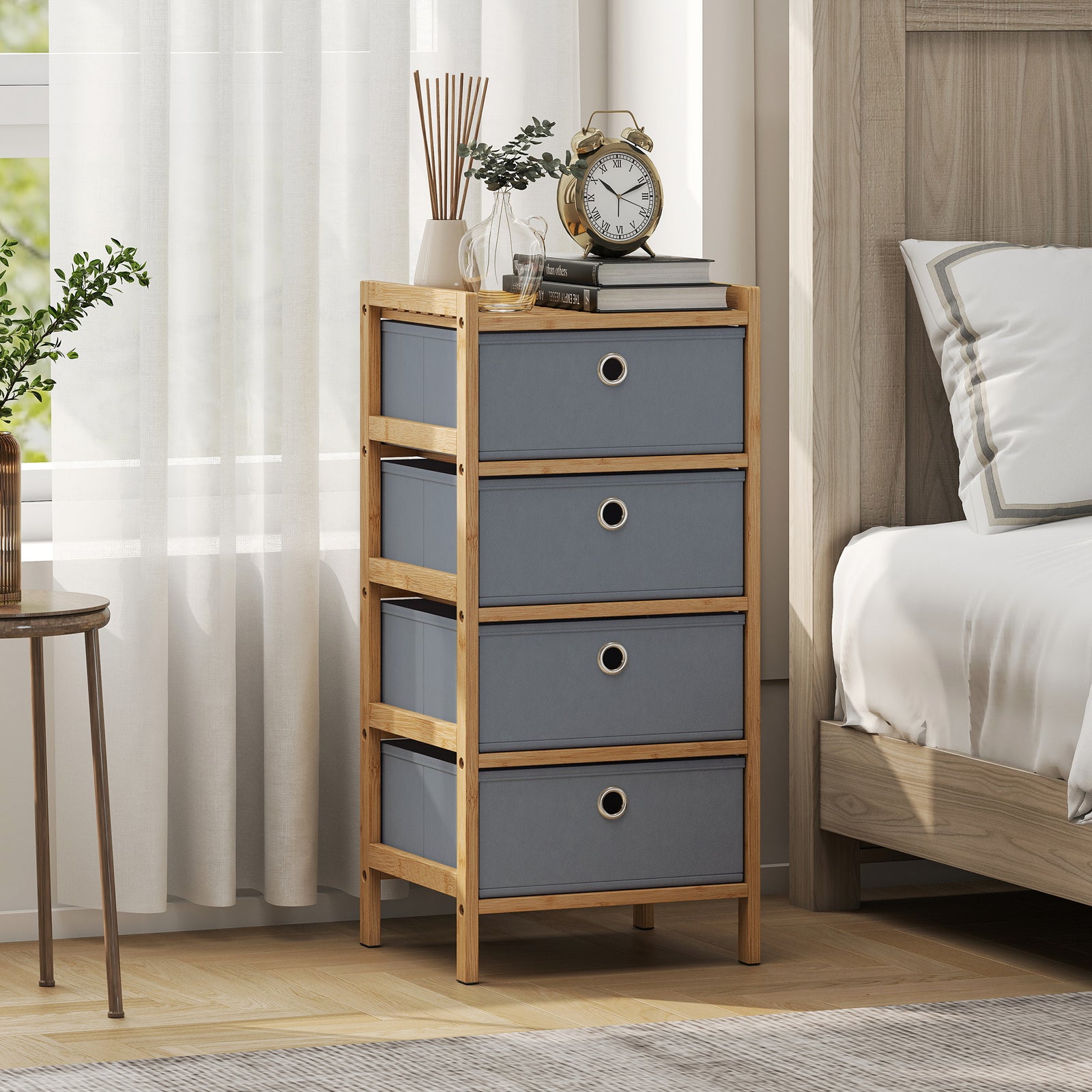 Chest of Drawers, 4 Fabric Drawers Narrow Dresser with Bamboo Frame, L